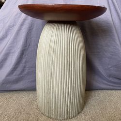 Williams Sonoma Sculptural Side Table: Solid Wood & Fluted Concrete Pedestal Organic Modern/Japandi