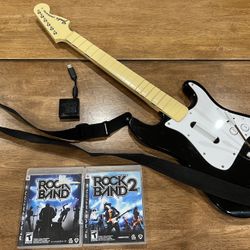 Rock Band Guitar PS3 Fender Stratocaster Wireless w/ Dongle, Strap, & Games
