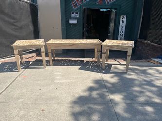 Indonesian Carved Wood Coffee Table & 2 End Tables With Glass Tops