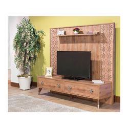 NEW IN THE BOX BROWN TV STAND WITH BACK PANEL AND TOP SHELF 