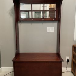 Entryway Hall Tree Bench with Storage & Mirror – Cherry Wood Finish