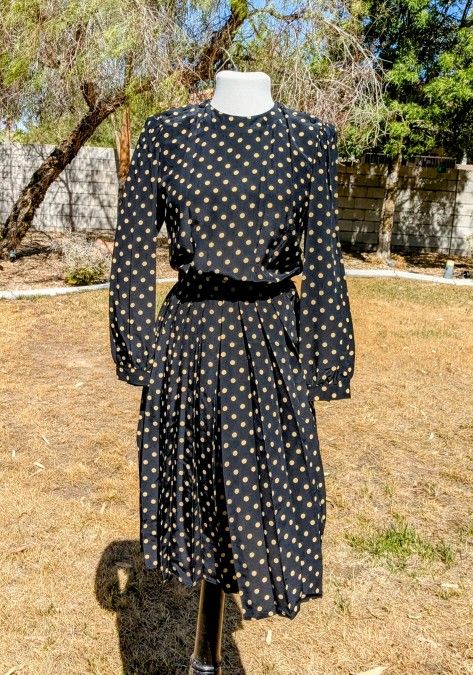 Maxi L/S Charles Bianco Italian Collection Polka Dot A-Line Sz6 Petite Dress EUC