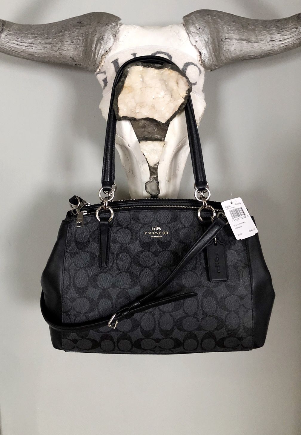 New! Coach Christie Carryall retail $395 Brand new with tags and cards. Two lined outer zippered pockets, with a center open top compartment with cent