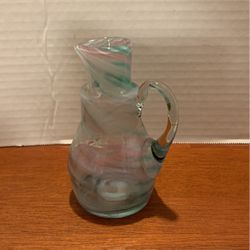 Hand Blown Art Glass Vase With A Plied Handle, Multicolor Pinks Greens Swirls 5 1/2” X 4 1/2”  UB