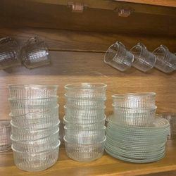 Vintage Pressed Textured Mexico Glass 11 mugs, 14 bowls and 11 dessert plates