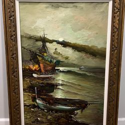 BEAUTIFULLY FRAMED AND PAINTED VINTAGE RUGGIAUS SIGNED OIL PAINTING NAUTICAL SHIPWRECK