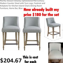 New Martha Stewart Delaney Upholstered Mid-Century Modern Counter Stool with Turn Legs, Footrest and Kickplate for Kitchen Island Chairs $180 Firm no 