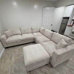 CREAM CORDUROY SECTIONAL SOFA COUCH WITH OTTOMAN NEW IN BOXES