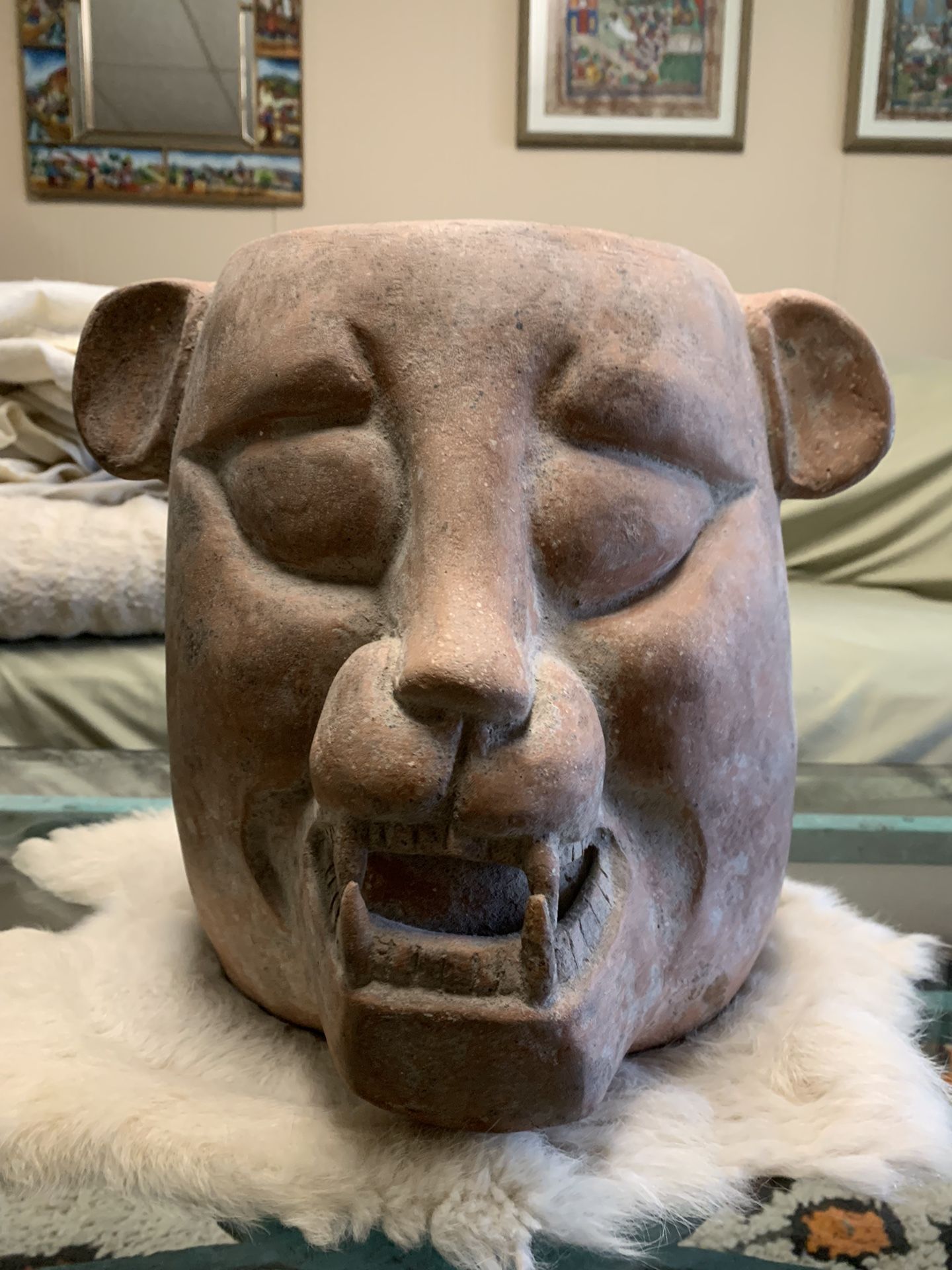 Large Mexican Jaguar Head Statue 