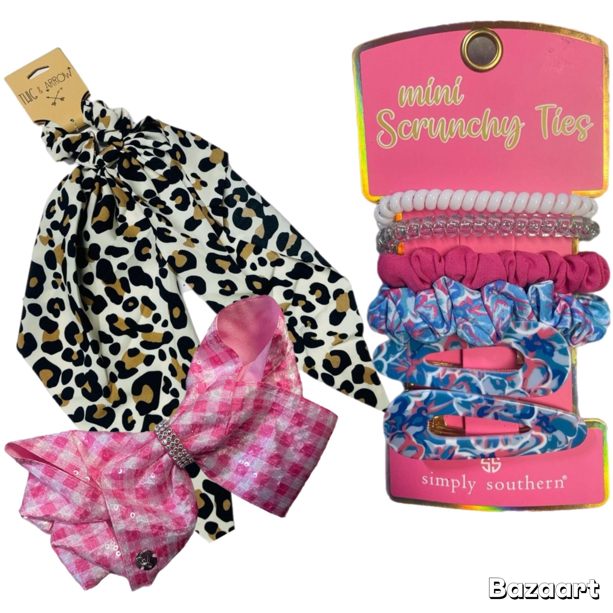 New 3 scrunchies Scarf 2 hair ties 2 clips 1 Jojo Bow Pink Simply Southern Twig
