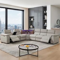 Brand New Leather Power Reclining Sofa Sectional With Bar And Speakers 