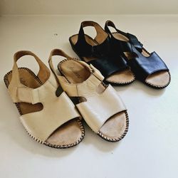 2 Pairs of Size 5 Sprite Auditions Black and Tan Beige Leather Sandals with Buckle Straps. Leather uppers, balance man made. Women's Ladies Girls. Set