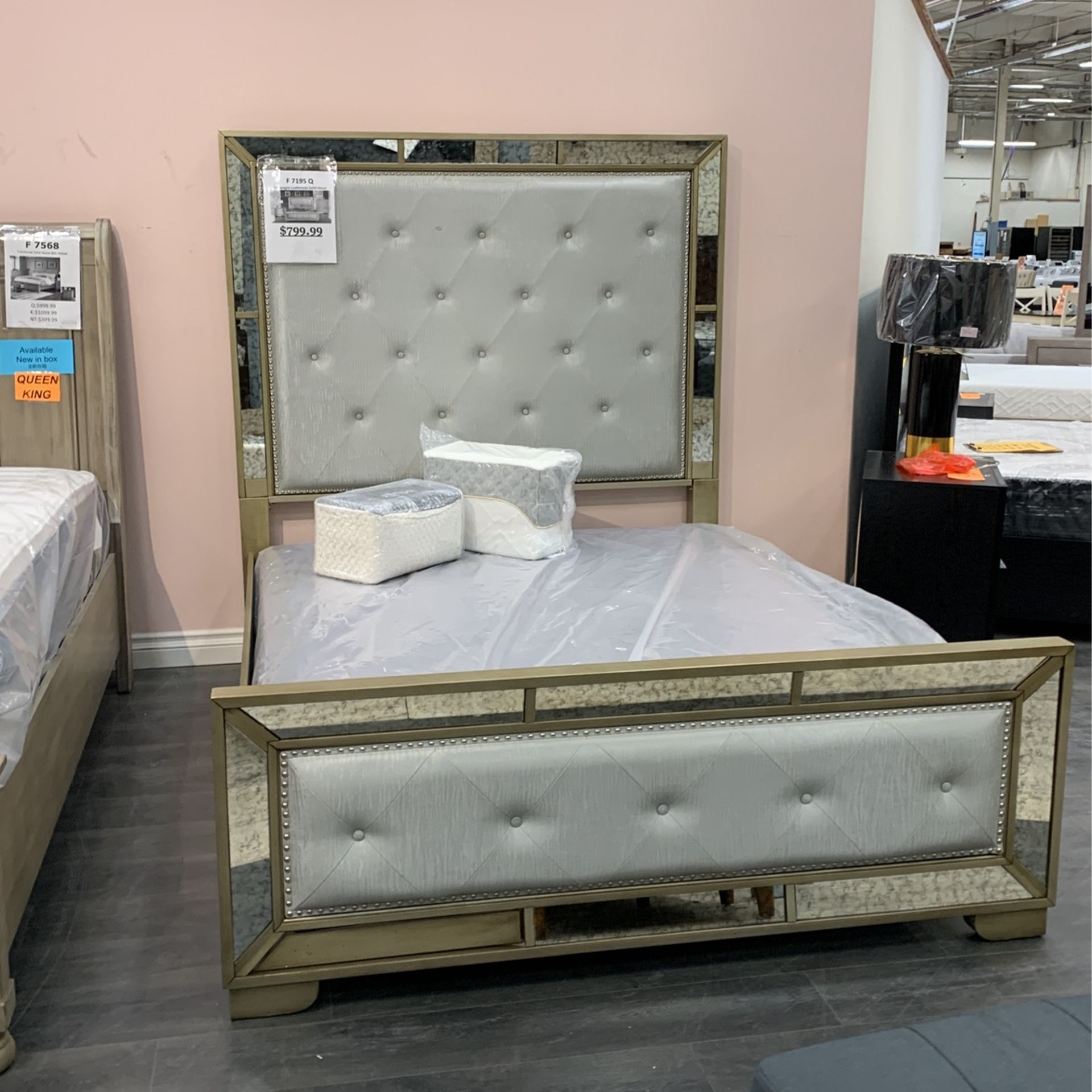 Champagne Leatherette Solid Wood Bed frame 