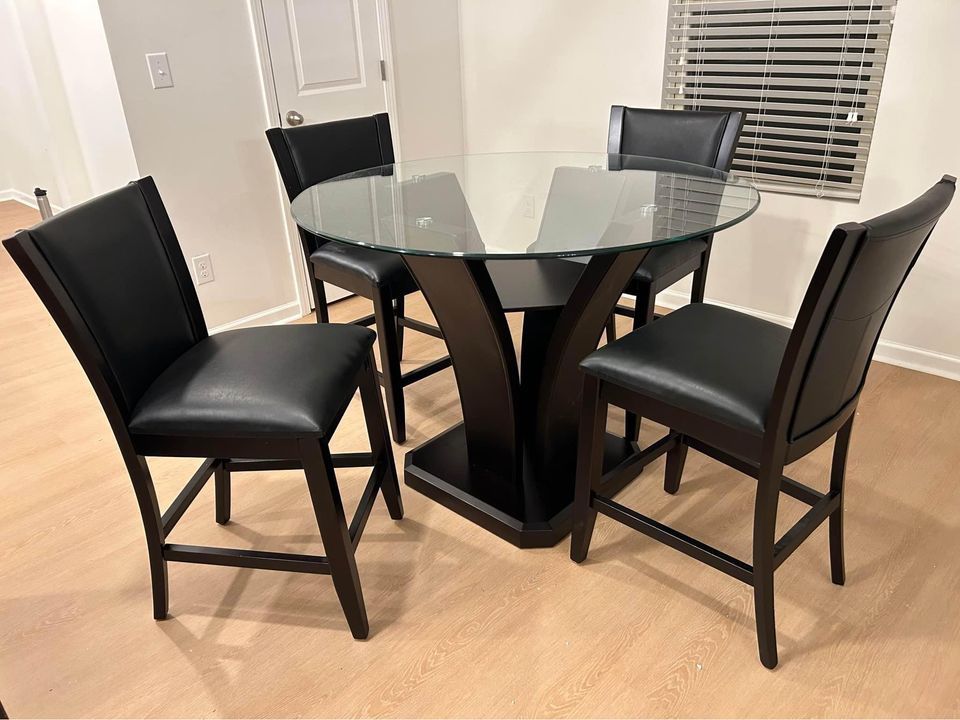 Brand New Black High Top Wooden Round Glass Top 5 Piece Dining Table Set