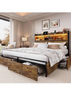 King Size Bed Frame with 6 Storage Drawers and Headboard Wooden Platform Bed Frame with LED Lights and Charging Station Easy Assembly/No Box Spring Ne