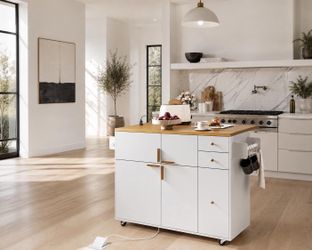 53'' Kitchen Island with Drop Leaf & Wheels  and Pull Out Rack Organizer, Rolling Kitchen Cart L-4