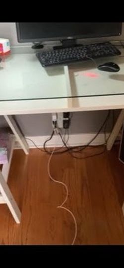 White Trestle Desk with Glass Top