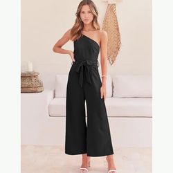 Brand New (Size XL) Black Summer Dressy One Shoulder Sleeveless Tie Waist Straps Jumpsuit 