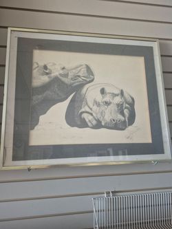 framed lithograph, titled "Affection" by artist Stephanie Barry from 1973, features a detailed pen and ink drawing of two hippopotamuses.