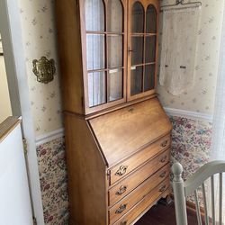 Beautiful Wood Antique Secretary With Glass Case Hutch 