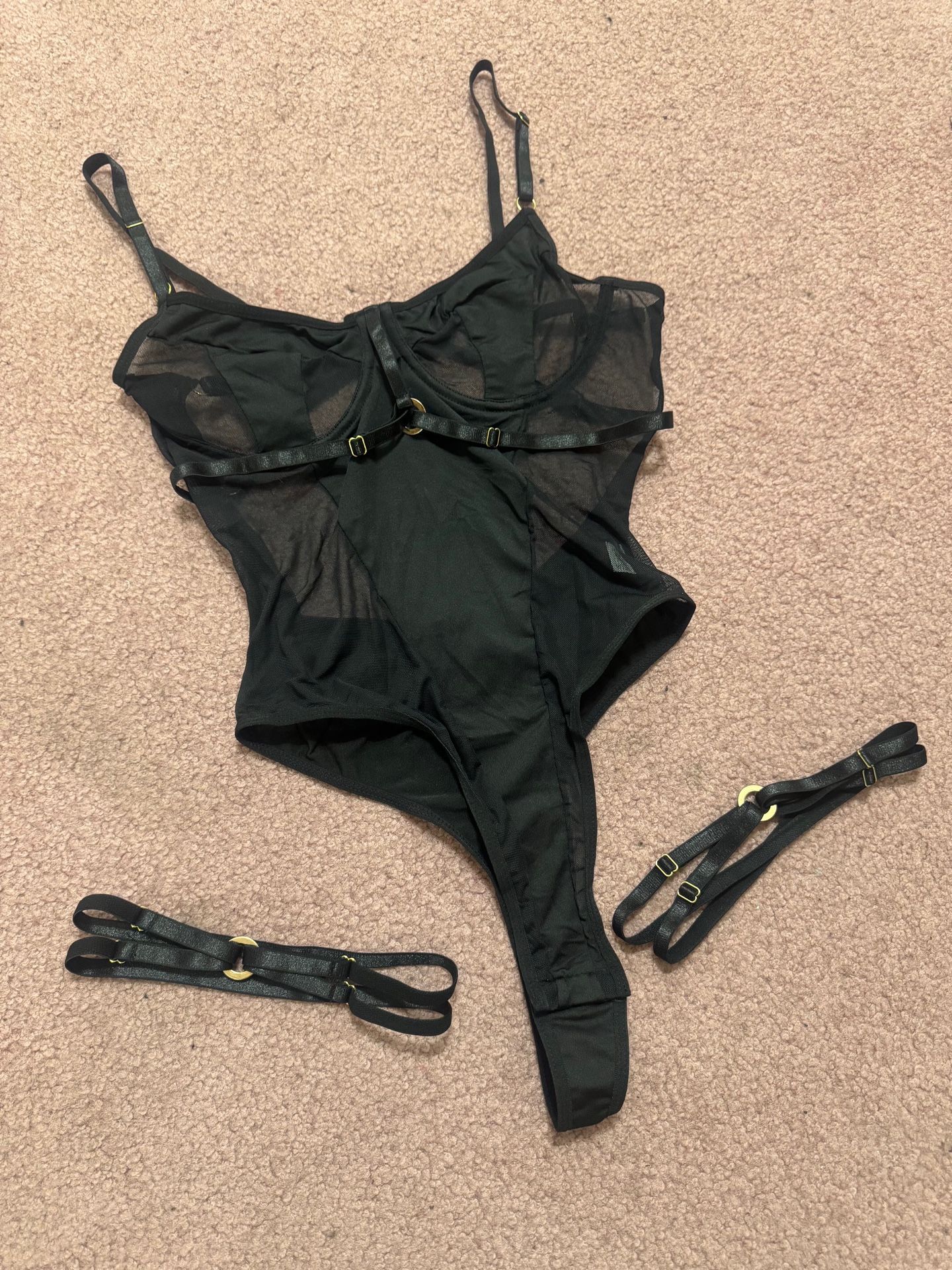 New Medium black stretchy lingerie bodysuit mesh sheer goth gothic