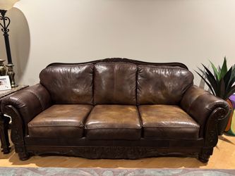 Brown Leather Sofa with Wood Carved Frame