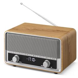 Vintage Wood AM FM Bluetooth Radio with Clock, Digital Clock Radio for Bedroom with LCD Display | 40 Presets | Sleep Timer | No Alarm, Retro Bluetooth
