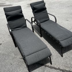 Delivery Available! Two Dark Charcoal Grey Metal Framed Reclining Chaise Lounge Patio Sun Chairs! Good condition! No rust. Price is for both 80x25in