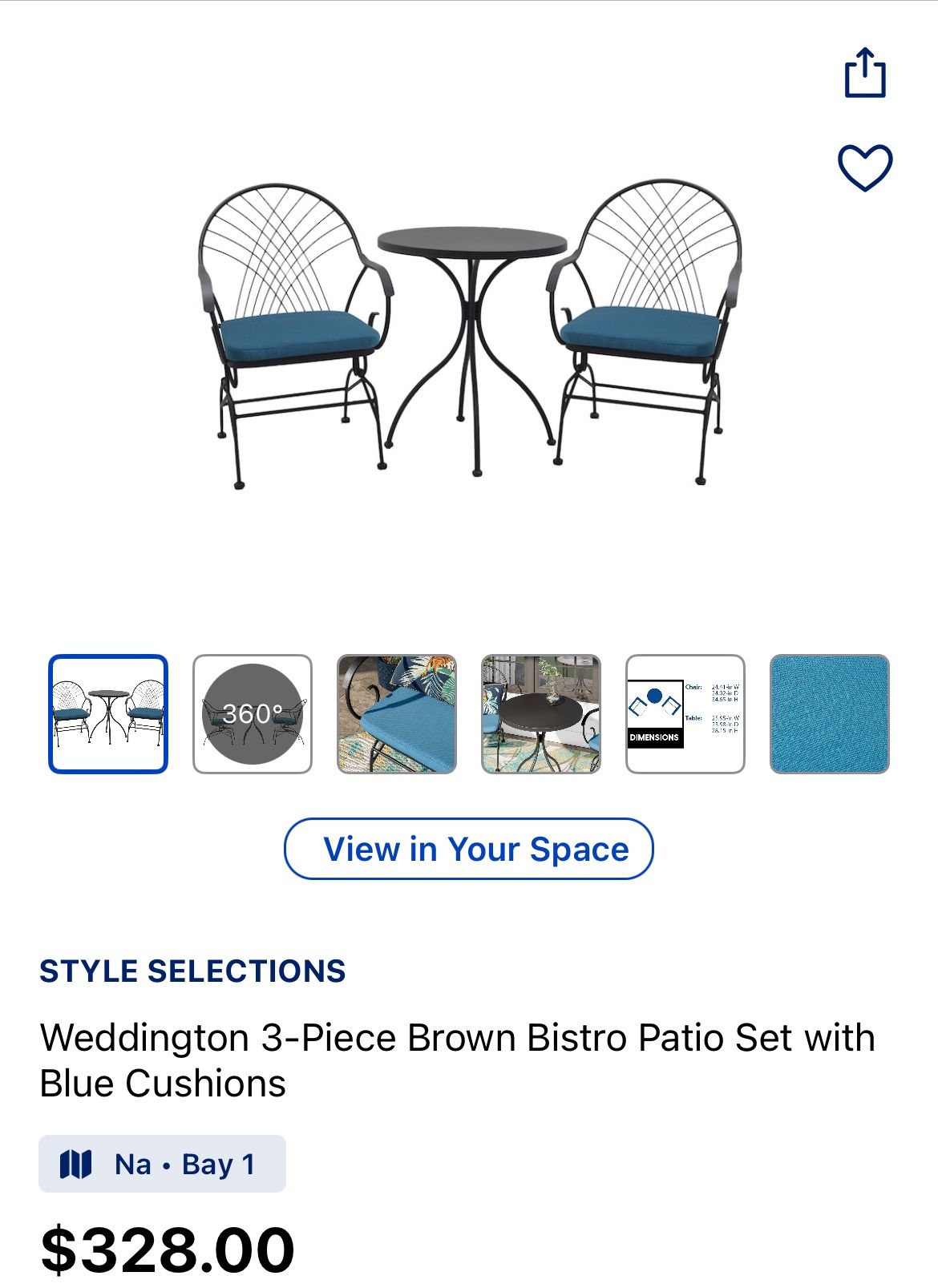 STYLE SELECTIONS Weddington 3-Piece Brown Bistro Patio Set