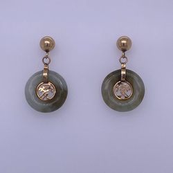 14k Yellow Gold Donut Jade Dangle Earrings