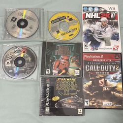 Game lot ps2 call of duty, play station Star Wars, crash bandicoot 3, Cool Boarders 2, Jurassic park Sega CD, Dark Forces PC, NHL Wii