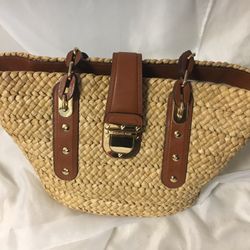 MK Large Camel Brown Leather/wicker Weave/Gold Tote