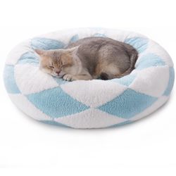 Dogs/Cat Beds for Indoor Cats, Round Cat Bed Donut Small Dog Bed, Washable Cute Cat Bed with Jacquard Shaggy Plush & Non-Slip Bottom, Calming Ped 
