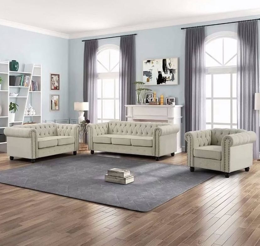 Sofa Set for Living Room Furniture 3 Pieces Button Tufted Couch Loveseat and Chair Beige,6seater