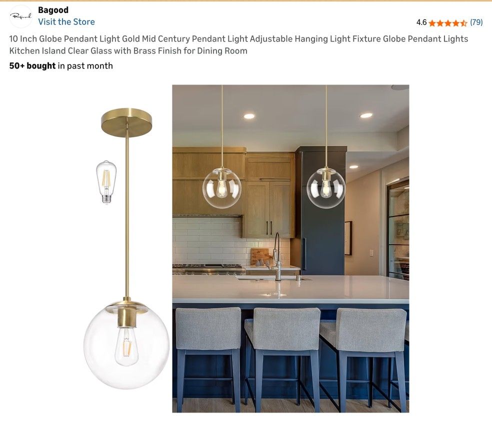 Bagood 10 Inch Globe Pendant Light Gold Mid Century Pendant Light Adjustable Hanging Light Fixture Globe Pendant Lights Kitchen Island Clear Glass wit