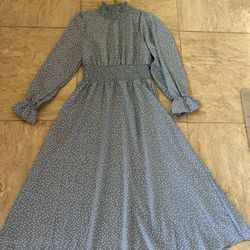 Shein Blue Polkadot Elastic High Neck Puff Sleeve Cottagecore Modest Dress Size M