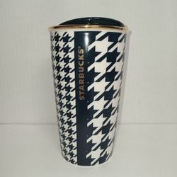 STARBUCKS Navy Blue Dot 2015 Houndstooth Ceramic Tumbler 12oz Coffee Mug Cup