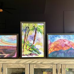 Landscape Watercolor wall art, mountains, trees, colorful