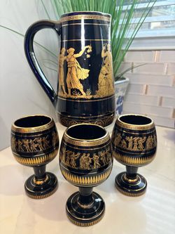 Vintage I. Spyropoulos Greek Ceramic 4pc Set Cobalt Blue 24k Gold Pitcher Goblets