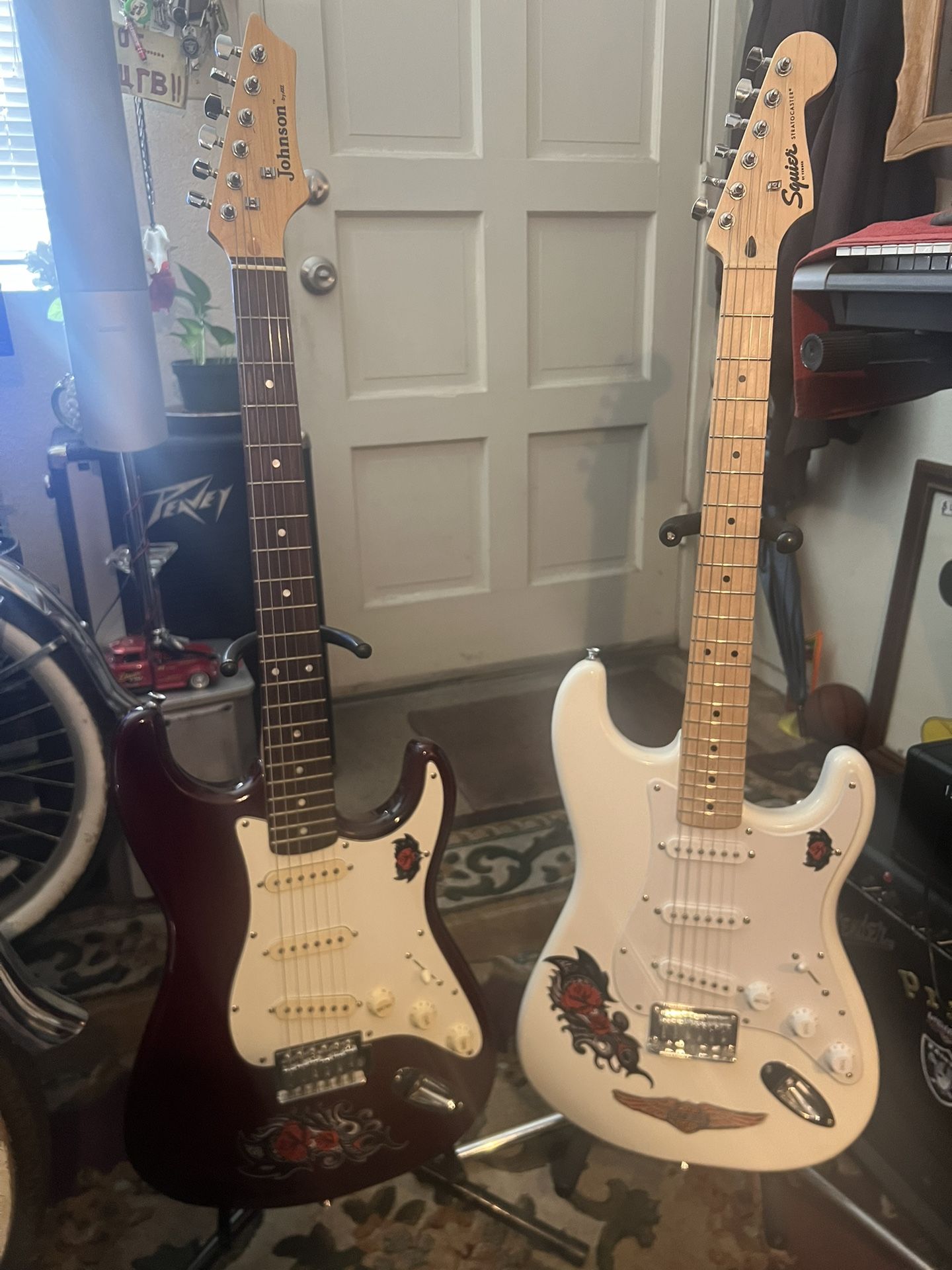 Fender Squire,$150,Johnson. Strat $150 , Epiphone Led Paul $350 , Yamaha Keyboard $250!
