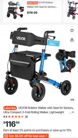 VEVOR Rollator Walker With Seat, 300 Lbs Capacity, Aluminum, Blue + Black
