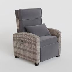 Outdoor Adjustable PE Rattan Recliner Chair with Flip-Up Side Table 150° $110