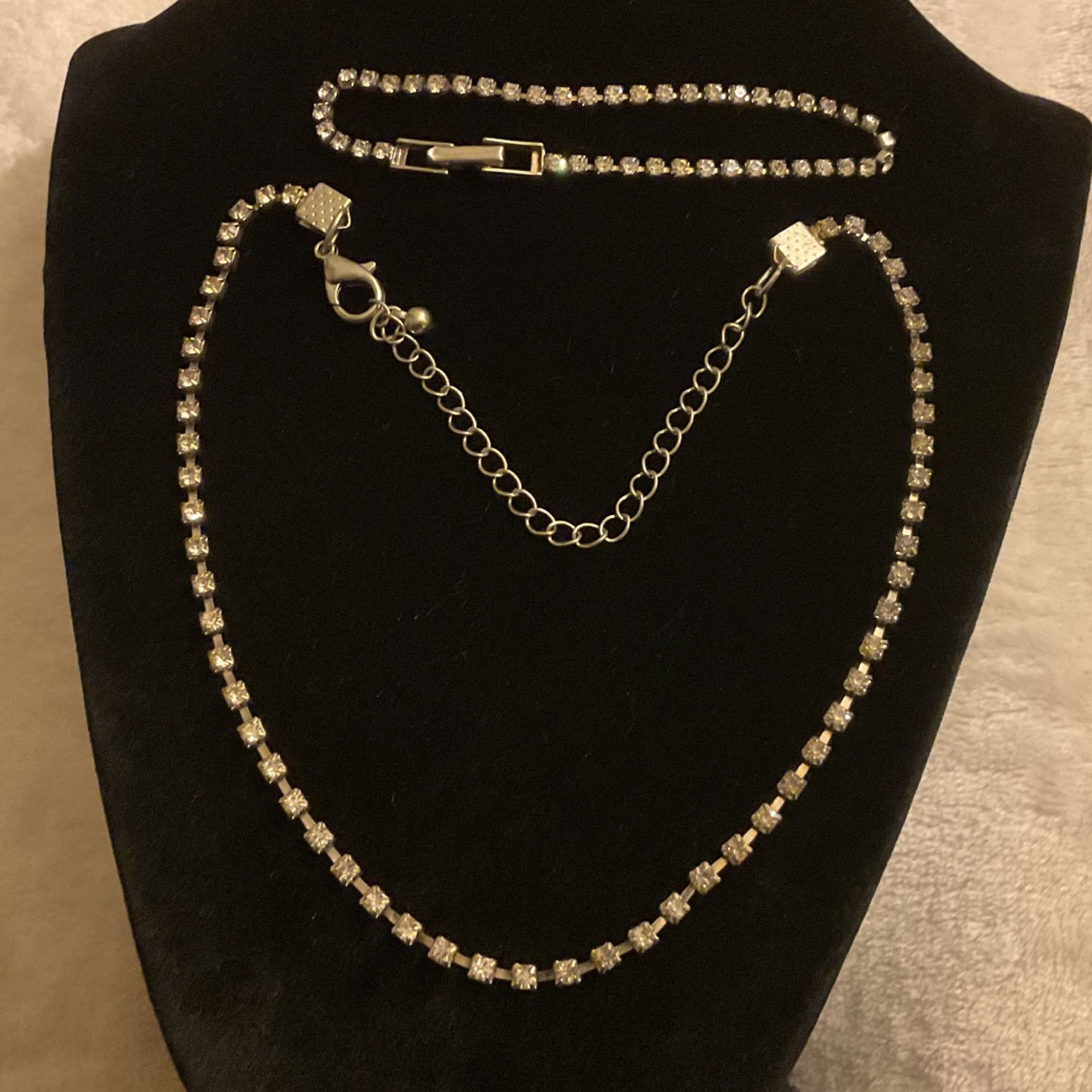 Silver And Rhinestones Choker And Silver And Cubic Zirconia Bracelet