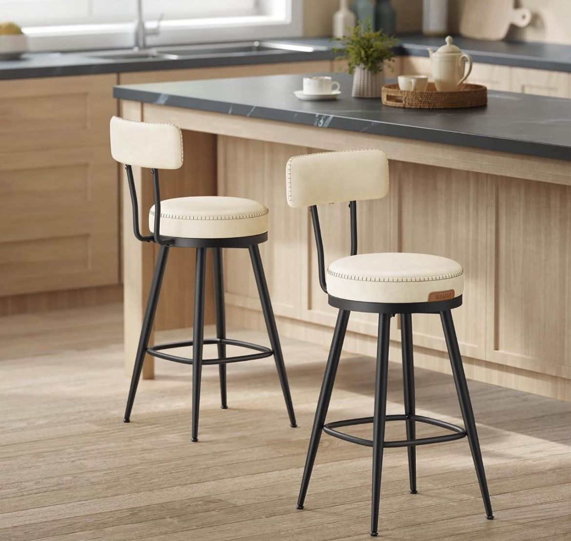 Bar Stools Set of 4 Lbc089w Swivel Counter Height Bar Stools with Back, Synthetic Leather with Stitching, Mid-Century Modern, 25.6-