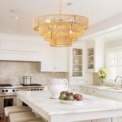20" Boho Woven Chandelier Hanging Light Fixture,Rattan Brass Pendant Light 6-Light Wicker Coastal Chandelier for Kitchen Dining Room Lights Over Table