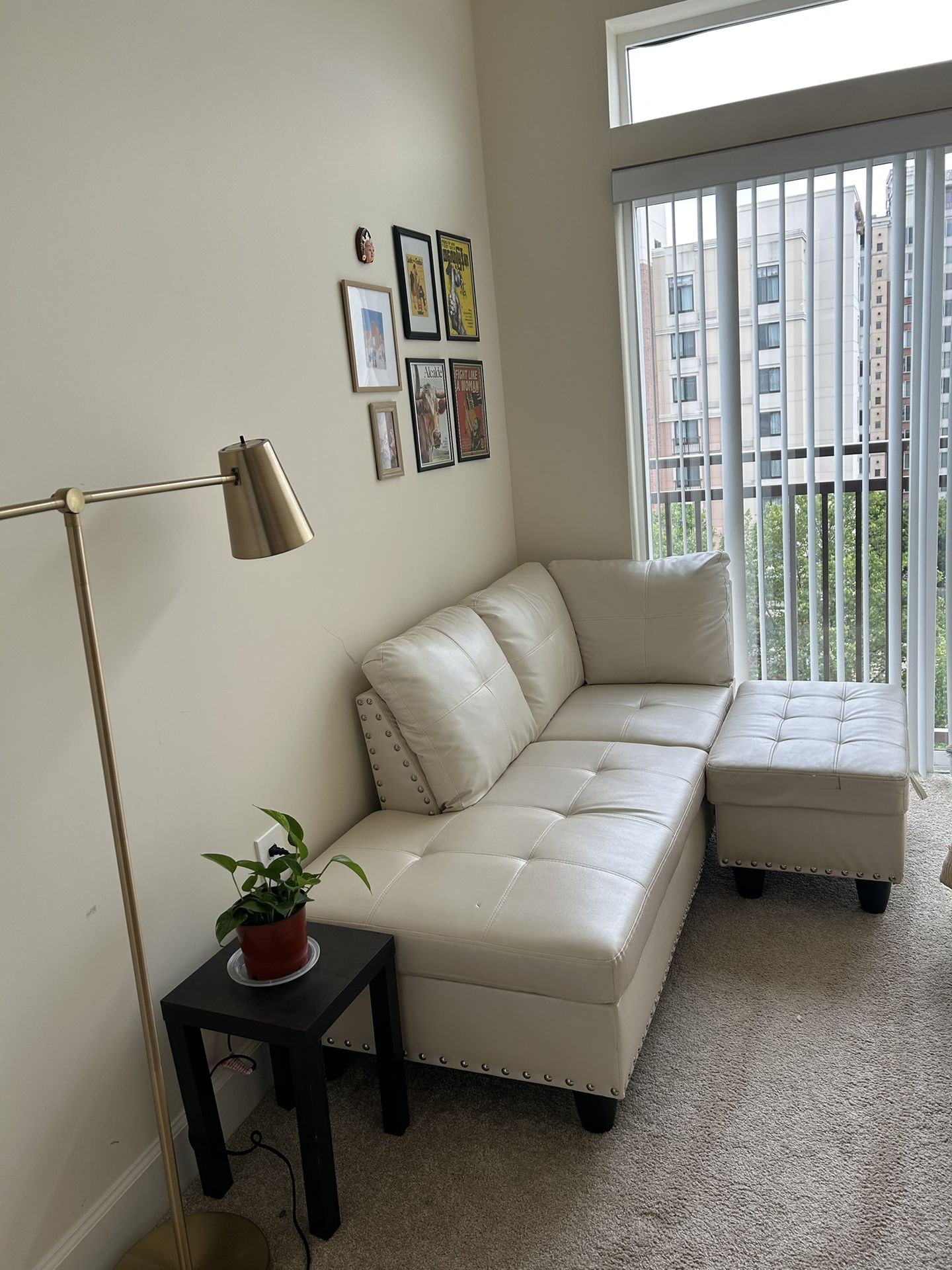 White Leather Couch (one side of an L-shaped couch) + Ottoman