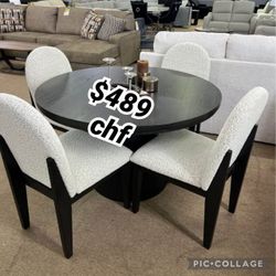 Black 5 Piece Wooden Top Round Dining Table Set 
