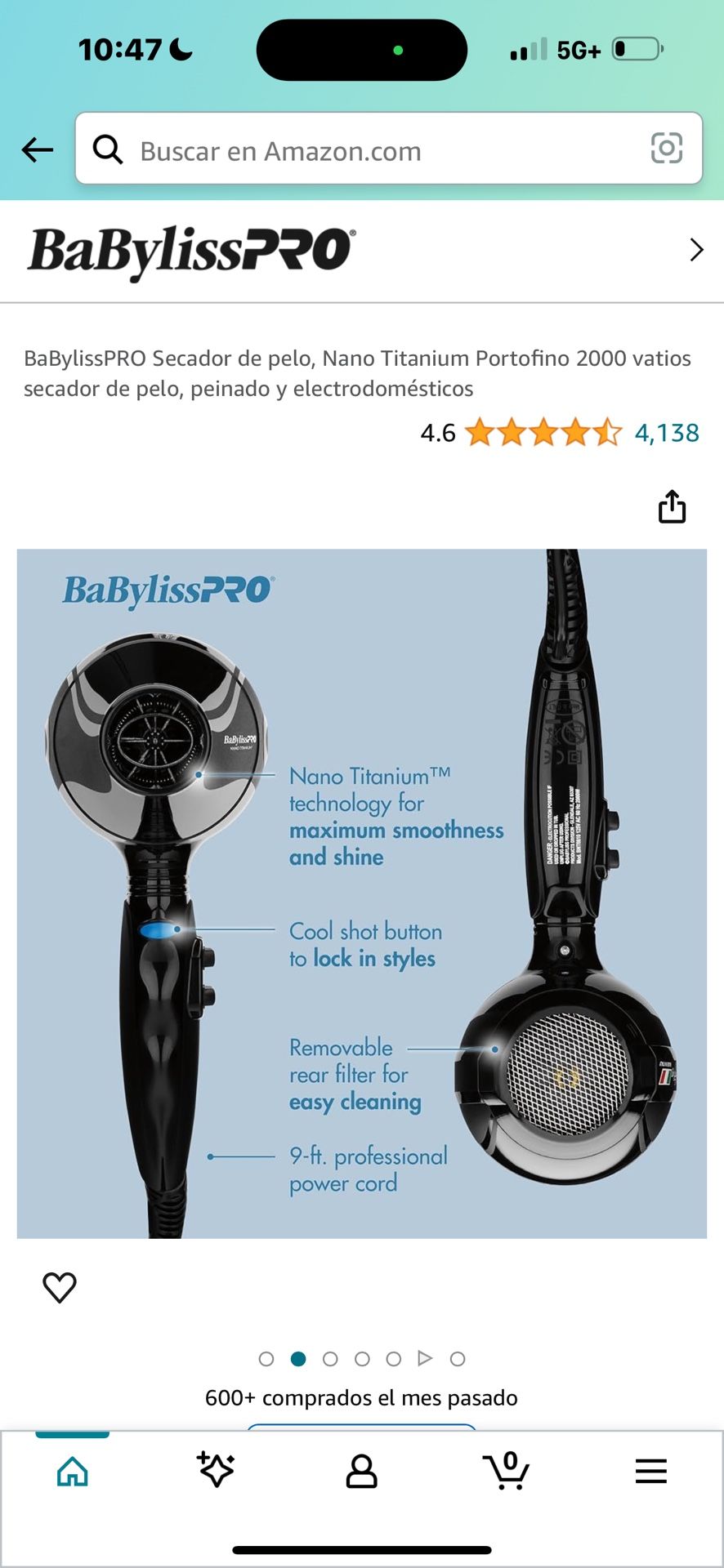 BaBylissPRO Secador de pelo, Nano Titanium Portofino 2000 vatios secador de pelo, peinado y electrodomésticos