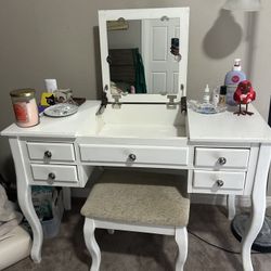 White Vanity Desk And Stool