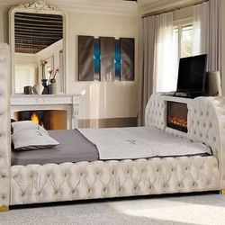 New Bedframe With Fireplace, Tv Mount And Bluetooth Speakers- 0 Interest Finance Available- Free Mattress With Purchase 